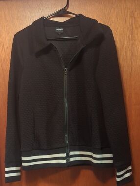 Black Zip-Front Casual Jacket with Stripe Trim